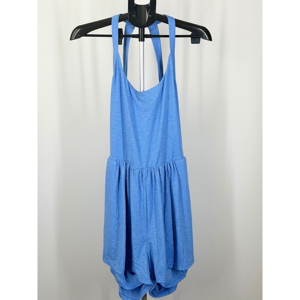Halara Blue Heathered Halter Open Back Romper XL Wide Leg Short Jumpsuit